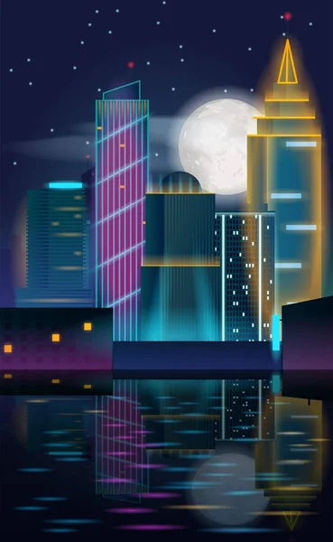 Paisaje nocturno de la gran ciudad con rascacielos en luces de neón con reflejo en el agua . — Vector de stock