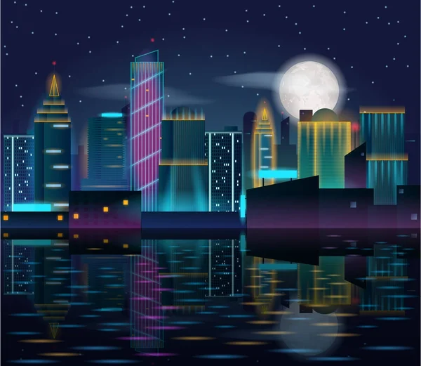 Paisaje nocturno de la gran ciudad con rascacielos en luces de neón . — Vector de stock