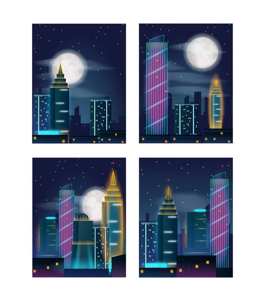Paisaje nocturno con edificios en luces de neón. Rascacielos nocturnos. Conjunto de carteles — Vector de stock