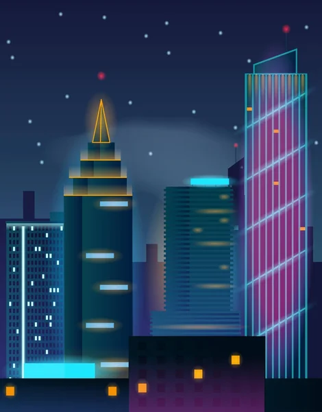 Des gratte-ciel nocturnes. Bâtiments en néons . — Image vectorielle