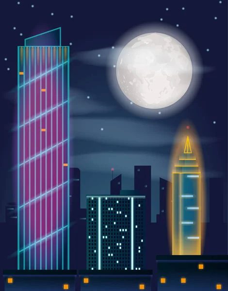 Noche en la ciudad. Edificios, luna llena y estrellas — Vector de stock