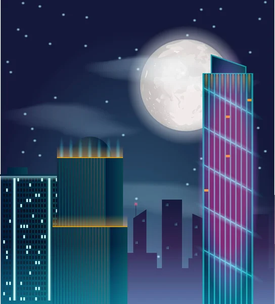 Diseño de póster vectorial con edificios nocturnos . — Vector de stock