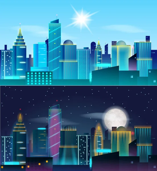 Gran ciudad día y paisaje nocturno. Rascacielos con luces de neón. Soleado día y noche con luna tonta . — Vector de stock