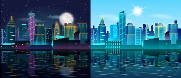 Gran ciudad día y paisaje nocturno. Reflejo de edificios en el agua . — Vector de stock