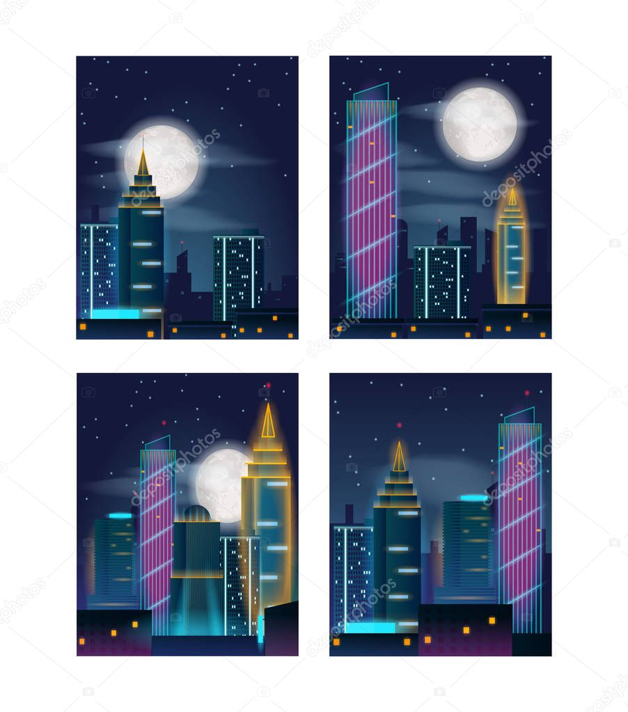 Night city landscape with buildings in neon lights. Night city skyscrapers. Set of posters