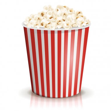 Bir tam kırmızı-beyaz çizgili Kova patlamış mısır. Büyük ya da büyük bölümü.