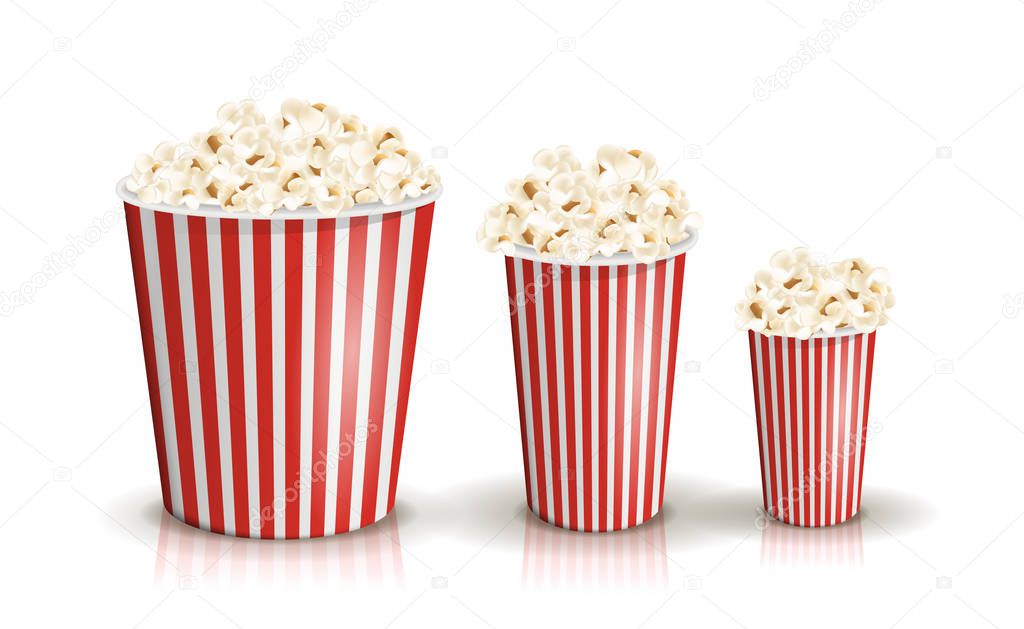 Vector set of full red-and-white striped popcorn buckets in different sizes.
