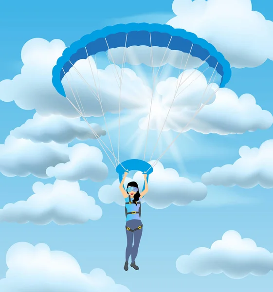 Donna Skydiver che vola nel cielo blu nuvoloso. Illustrazione del personaggio femminile vettoriale in stile piatto . — Vettoriale Stock