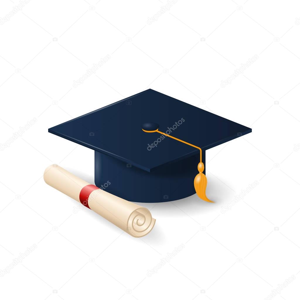 Graduation cap or mortar board and rolled diploma scroll .