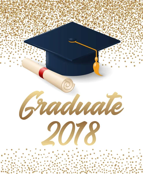 Cartel de graduación de 2018 con sombrero y pergamino de diploma . — Archivo Imágenes Vectoriales