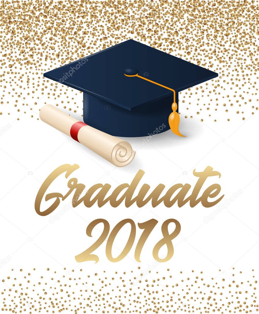 Class of 2018 graduation poster with hat and diploma scroll.