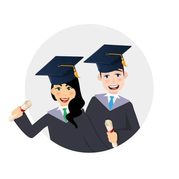 Cirkel avatar med ung graduate man och kvinna med certifikat eller diplom Bläddra. — Stock vektor