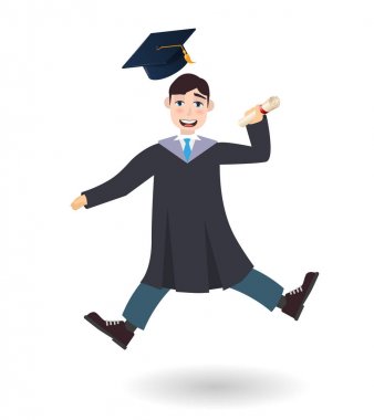 Lisansüstü delikanlı jumpimg ve holding sertifika veya diploma kaydırma.