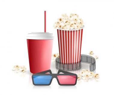 Film nesneler. Patlamış mısır, soda paket servisi olan Restoran, 3d sinema gözlük. Gerçekçi sinema tasarım.