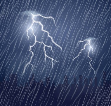 Two lightning flashes and raindrops in the dark sky. clipart
