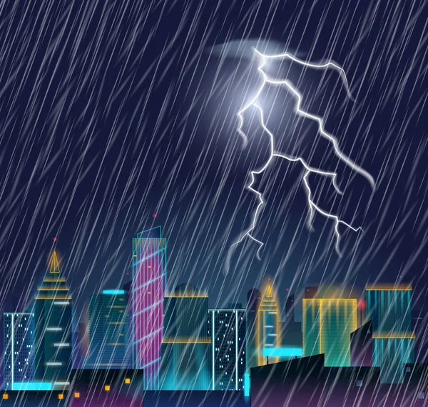 Night cityscape with lightning flash and heavy rain.