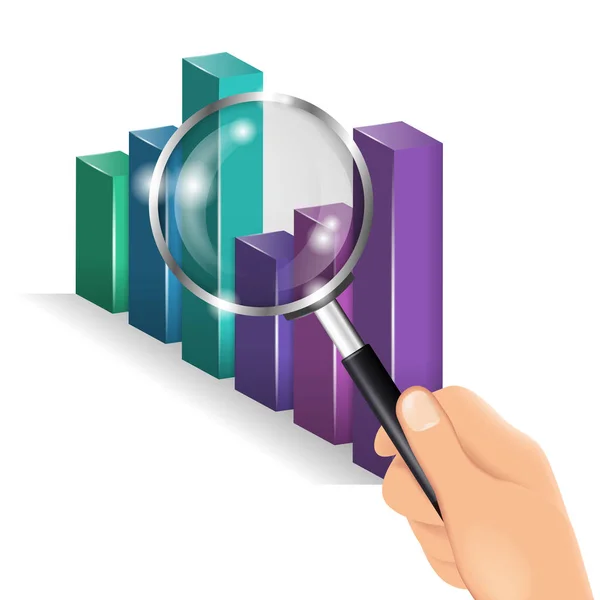 Mano sosteniendo una lupa. Diagrama, gráfico, analítica . — Vector de stock