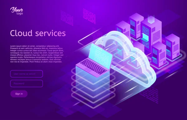 Izometrikus felhő számítástechnikai szolgáltatások fogalmát. Vektor ábrák a laptop és a web szerverek. Felhő-adatok tárolására.. — Stock Vector