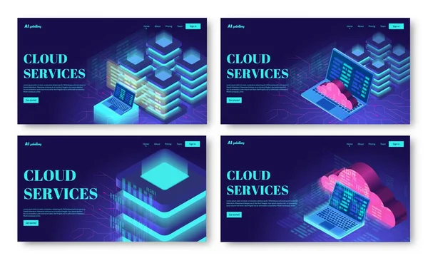 Set of isometric vector illustrations of cloud storage, computing or server technology. — Stock Vector