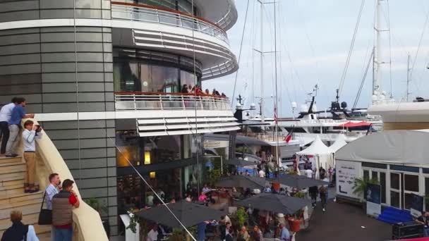 Panoramic View Of The Monaco Yacht Show 2016 : Yacht Club of Monaco And Luxury Yachts — Stock Video