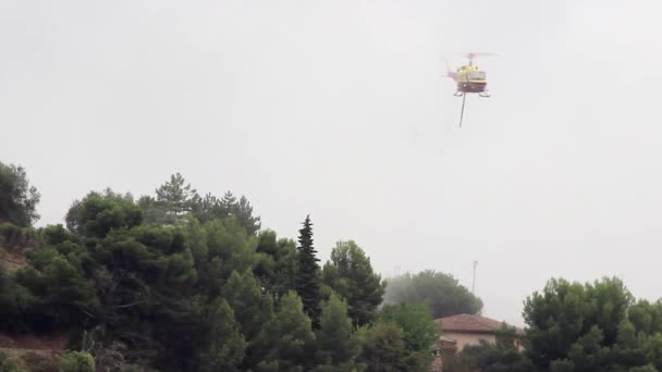 Firefighting Helicopter Makes A Water Drop To Protect A Home — Stock Video