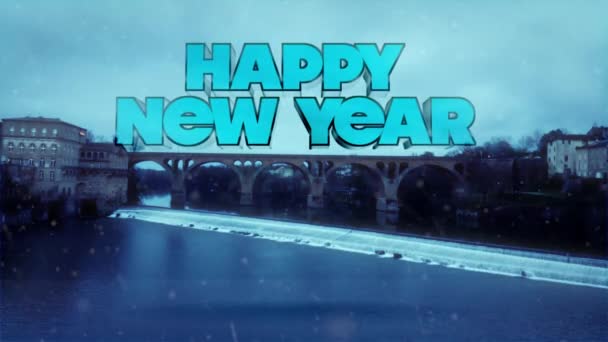 Happy New Year - Winter Landscape With Bridge Above Frozen River — Stock Video