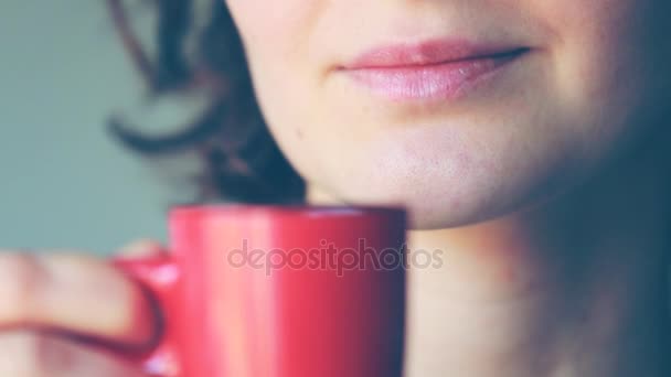 Young Woman Drinks Coffee — Stock Video