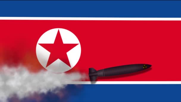 Jaderná raketa na pozadí vlajky Severní Koreje — Stock video