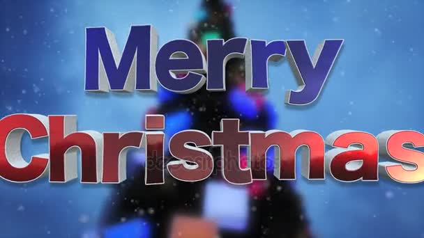 圣诞快乐3D 文本循环动画 美丽的金属和雪文字效果与雪下落和圣诞树模糊背景 分辨率超高清 — 图库视频影像