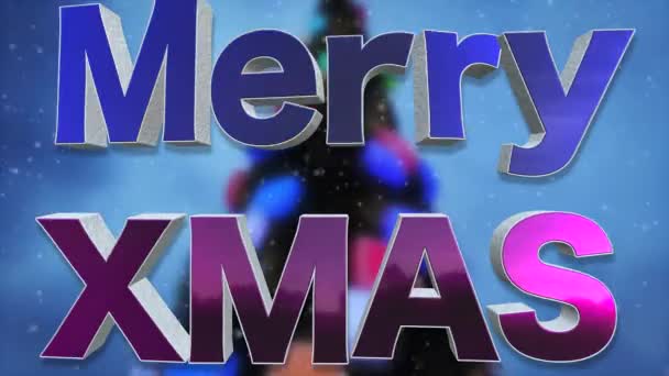 メリー クリスマス テキスト アニメーションをループします 美しい金属と雪とクリスマス ツリーの雪本文効果ぼやけて背景 解像度の超 — ストック動画