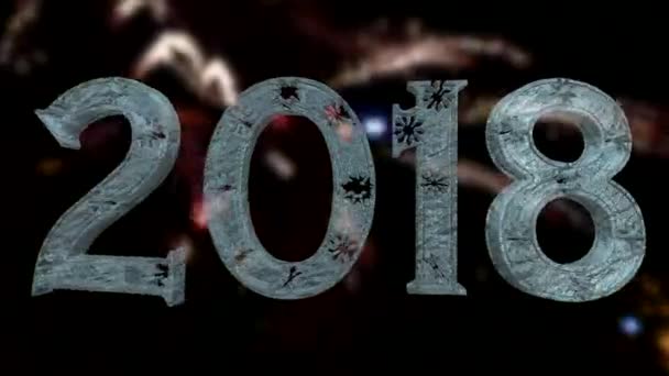 Neues Jahr 2018 Realistischer Eis Text Mit Buntem Feuerwerk Verschwommen — Stockvideo
