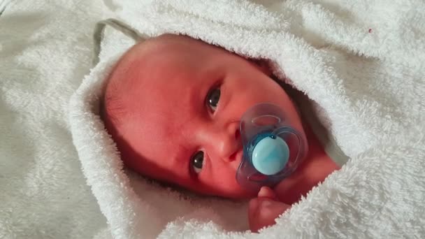 Cute Newborn Baby Wrapped Towel Bath Newborn Baby Boy Sucks — Stock Video