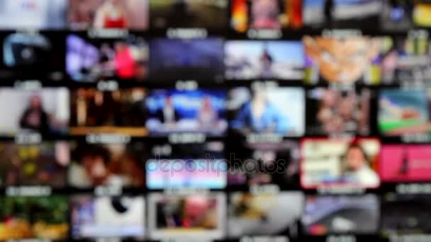 Mosaico Canales Televisión Elija Entre Miniaturas Una Televisión Fondo Borroso — Vídeo de stock