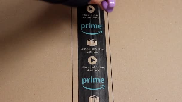 Paris Fransa Şubat 2018 Yakından Atış Bir Amazon Prime Karton — Stok video