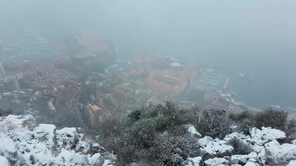 Vackra Panorama Flygfoto Över Monaco Snön Snön Fallande Landskap Den — Stockvideo