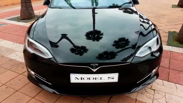 Menton Francia Marzo 2018 Black Tesla Model Front View Coche — Vídeo de stock