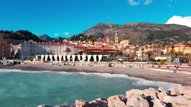 Bela Vista Panorâmica Cidade Velha Menton Mar Mediterrâneo Casas Coloridas — Vídeo de Stock