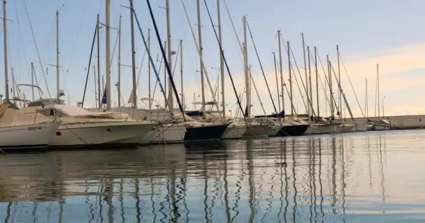 Menton France March 2018 Boats Yachts Aligned Marina Sunset Cote — Stock Video