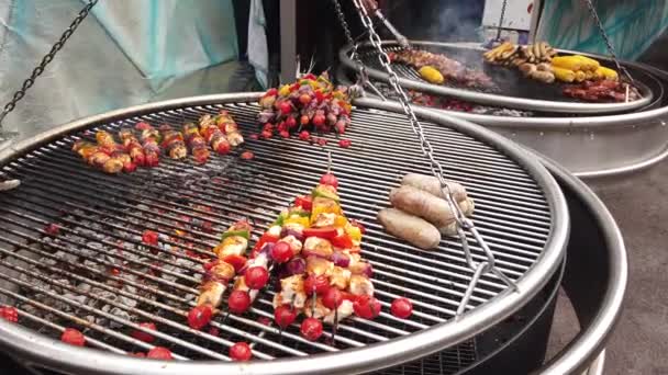 在一个大的户外烤架上烧烤美味的肉类和蔬菜 关闭视图 4K视频 — 图库视频影像