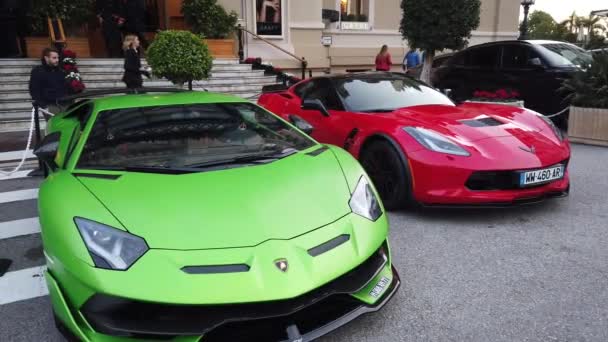 Monte Carlo Monaco Dezember 2019 Grüner Lamborghini Aventador Svj Und — Stockvideo