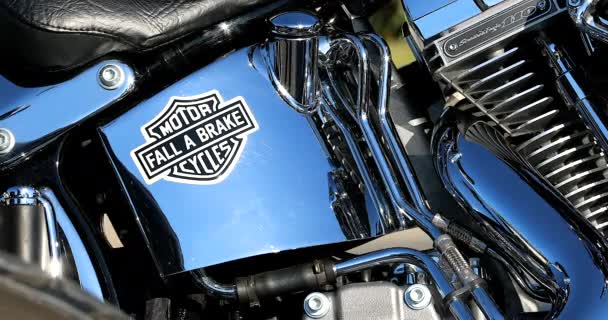 フランスのメントン 2020年1月12日 ブラック ハーレー ダビッドソンエンジンとロゴの詳細 オートバイはメントンの通りで駐車 フランス フランスのリビエラ ヨーロッパ ビューを閉じる — ストック動画