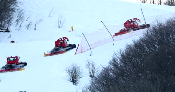 イタリア リモーネ ピエモンテ州 2020年2月2日 イタリア カネオ県のリモーネ ピエモンテ スキー場で活動中の4頭のカスボーラー ピステンブリー スノーキャットが山を登ります — ストック動画