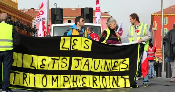 ニース フランス 2020年2月6日 黄色いベスト バナースローガン 黄色いベストは勝利する Gilets Jounesはマクロン政府に対するストライキに参加フランス リビエラ フランス — ストック動画