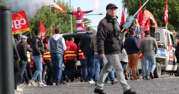 Nice France Лютого 2020 Cgt Unionists March Protest Macrons Government — стокове відео