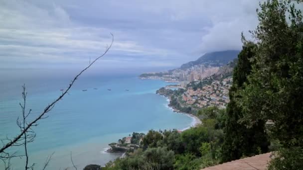 Akdeniz Sahil Hattı Dağ Manzarası Arkaplanda Monako Roquebrune Cap Martin — Stok video