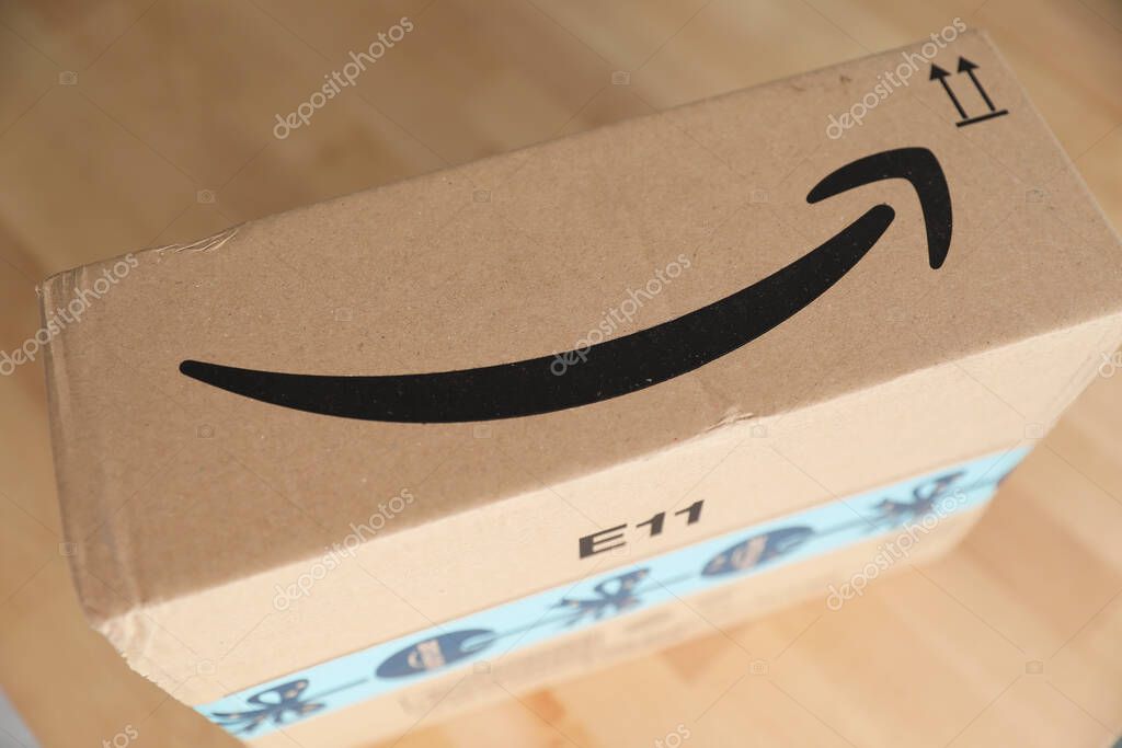 Roquebrune-Cap-Martin, France, November 3, 2018: Arrow Or Smile Logo Of Amazon On The Cardboard Box Of A Package Delivery From Amazon Prime, Close Up View