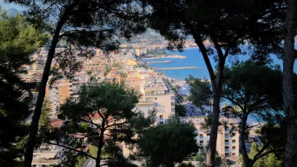 Schöne Luftaufnahme Hinter Den Kiefern Meer Bei Roquebrune Cap Martin — Stockvideo