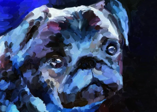 Olieverf Portret Van Pug Puppy Blauwe Violette Diepe Kleuren Nachtverlichting — Stockfoto