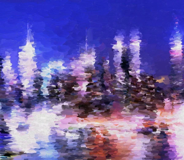 Oil Painting Art Shine Night City New York Skyscraper Embankment — Stock Photo, Image