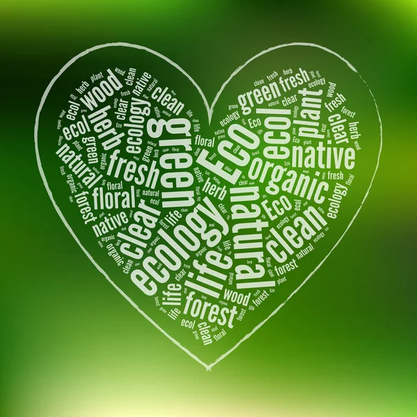 Green Eco Background Heart Tag Cloud Vector Illustration — Stock Vector